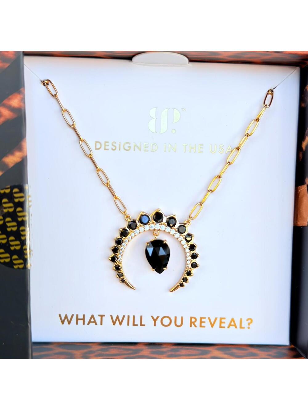 Bomb Party UNTAMED "Dark Trappings" Necklace Black on Gold - Moon